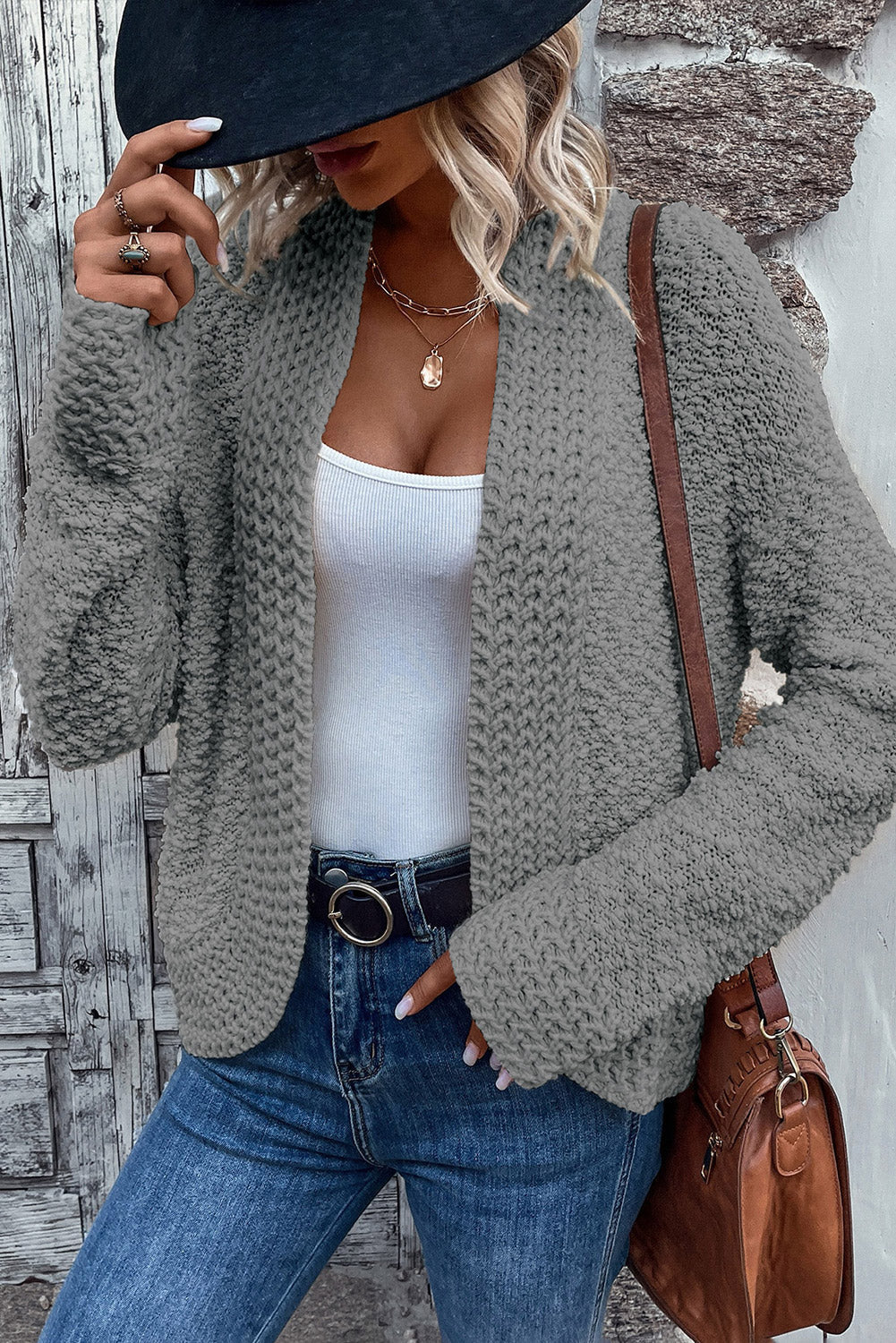 Apricot Popcorn Knit Open Front Cardigan