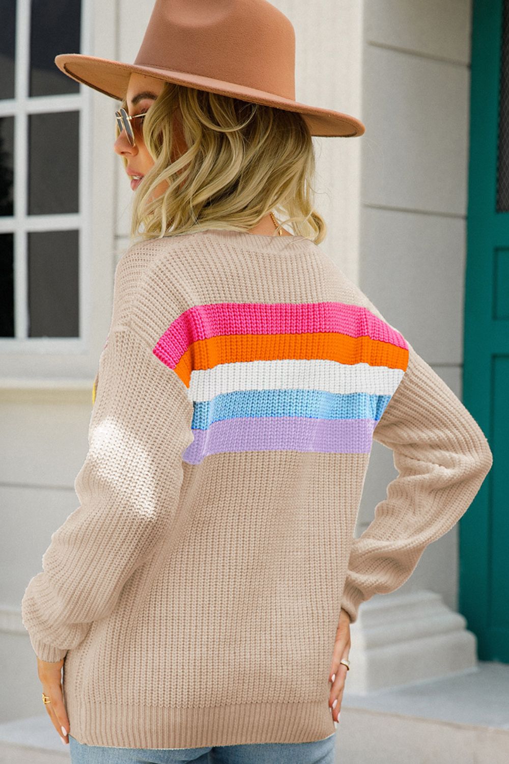 Striped Round Neck Rib-Knit Dropped Shoulder Sweater