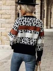 Printed Color Block Round Neck Sweater