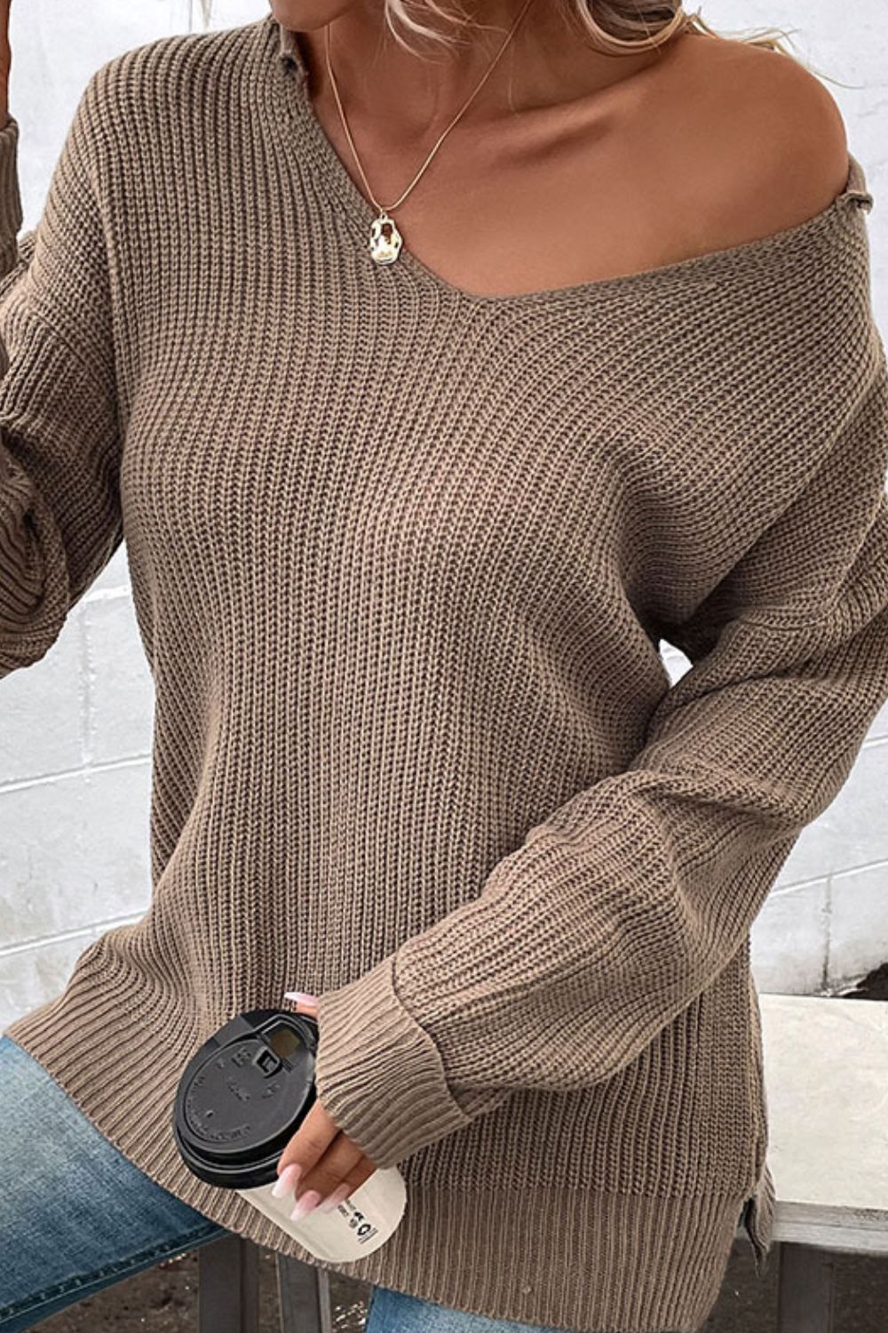 V-Neck Rib-Knit Cuffed Sleeve Pullover Sweater