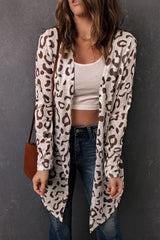 Khaki Leopard Print Casual Open Front Cardigan