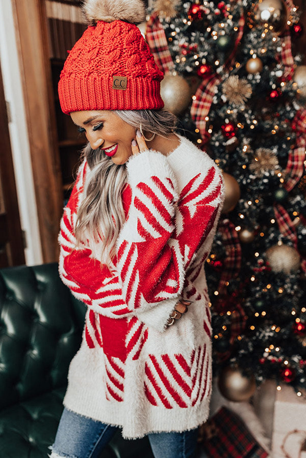 Red Fuzzy Check Drop Shoulder Sweater