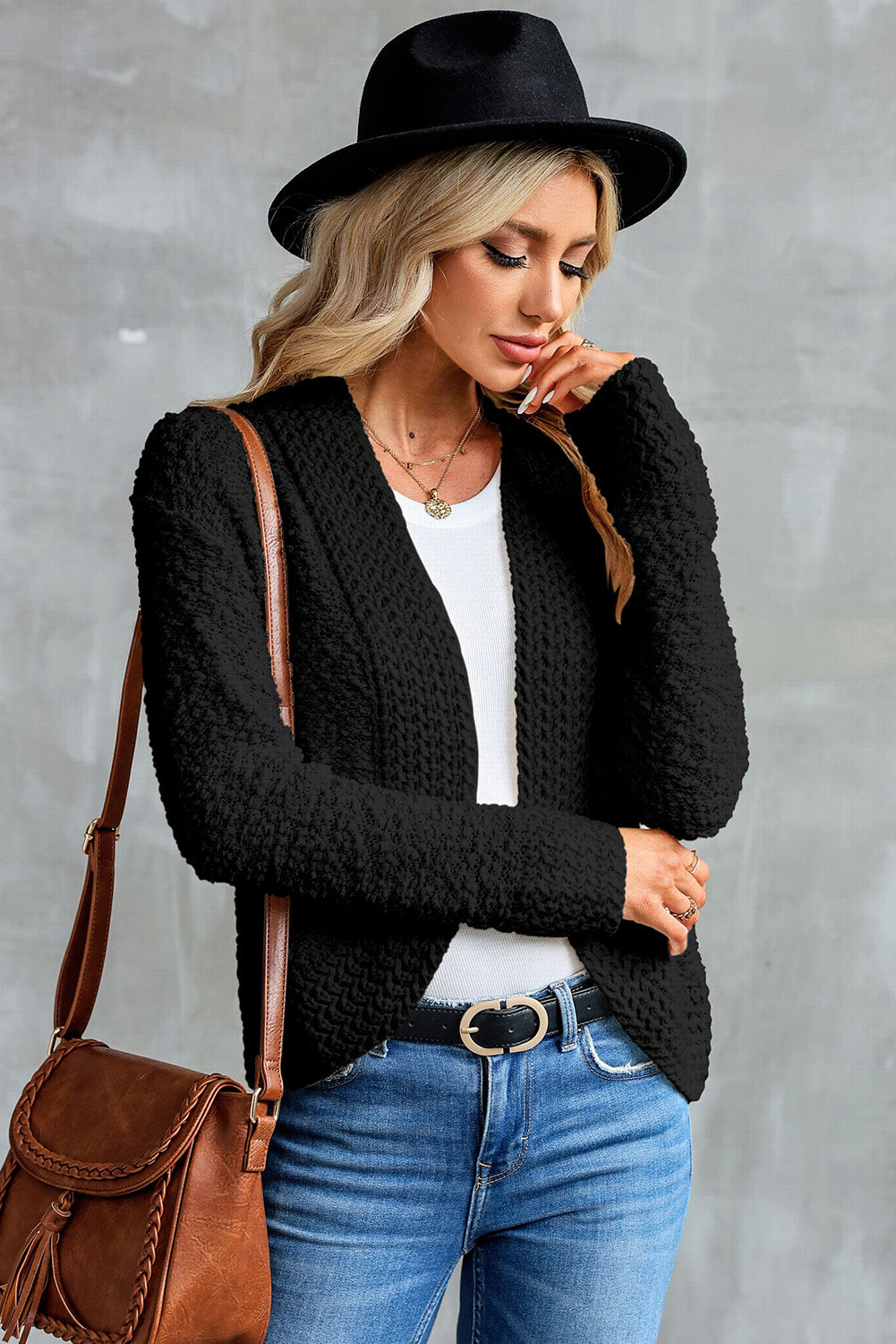 Apricot Popcorn Knit Open Front Cardigan