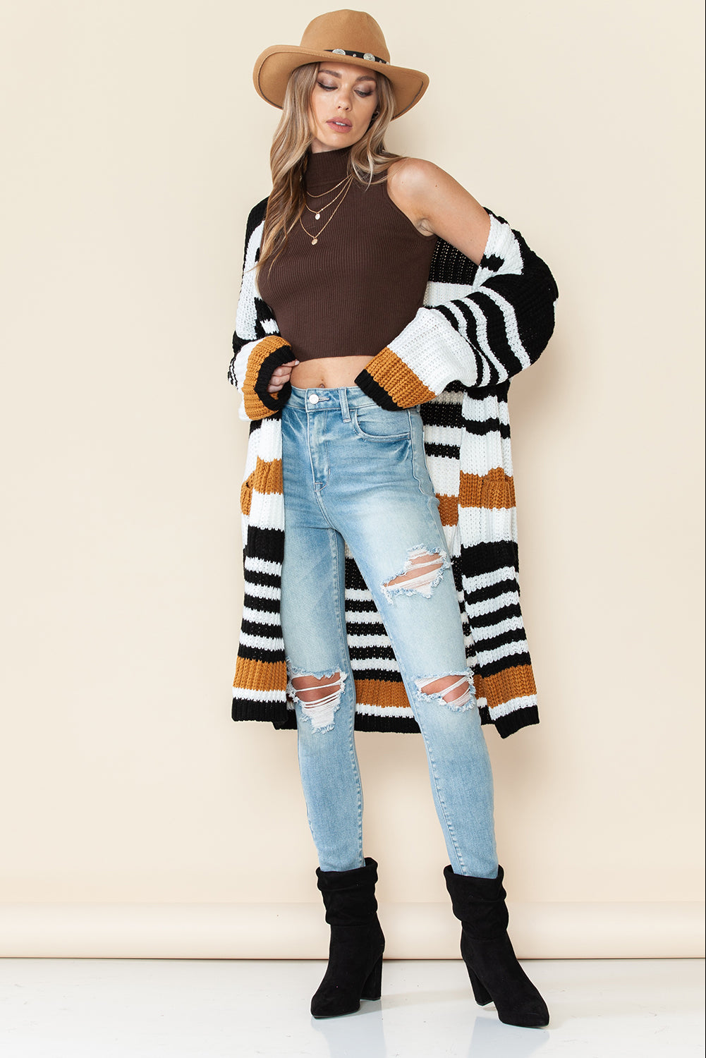 Striped Drop Shoulder Open Front Long Cardigan