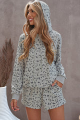 Animal Print Drawstring Detail Hoodie Shorts Lounge Set