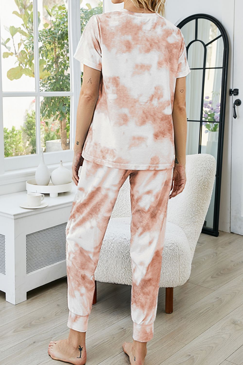 Tie-Dye Round Neck Short Sleeve Top Pants Lounge Set