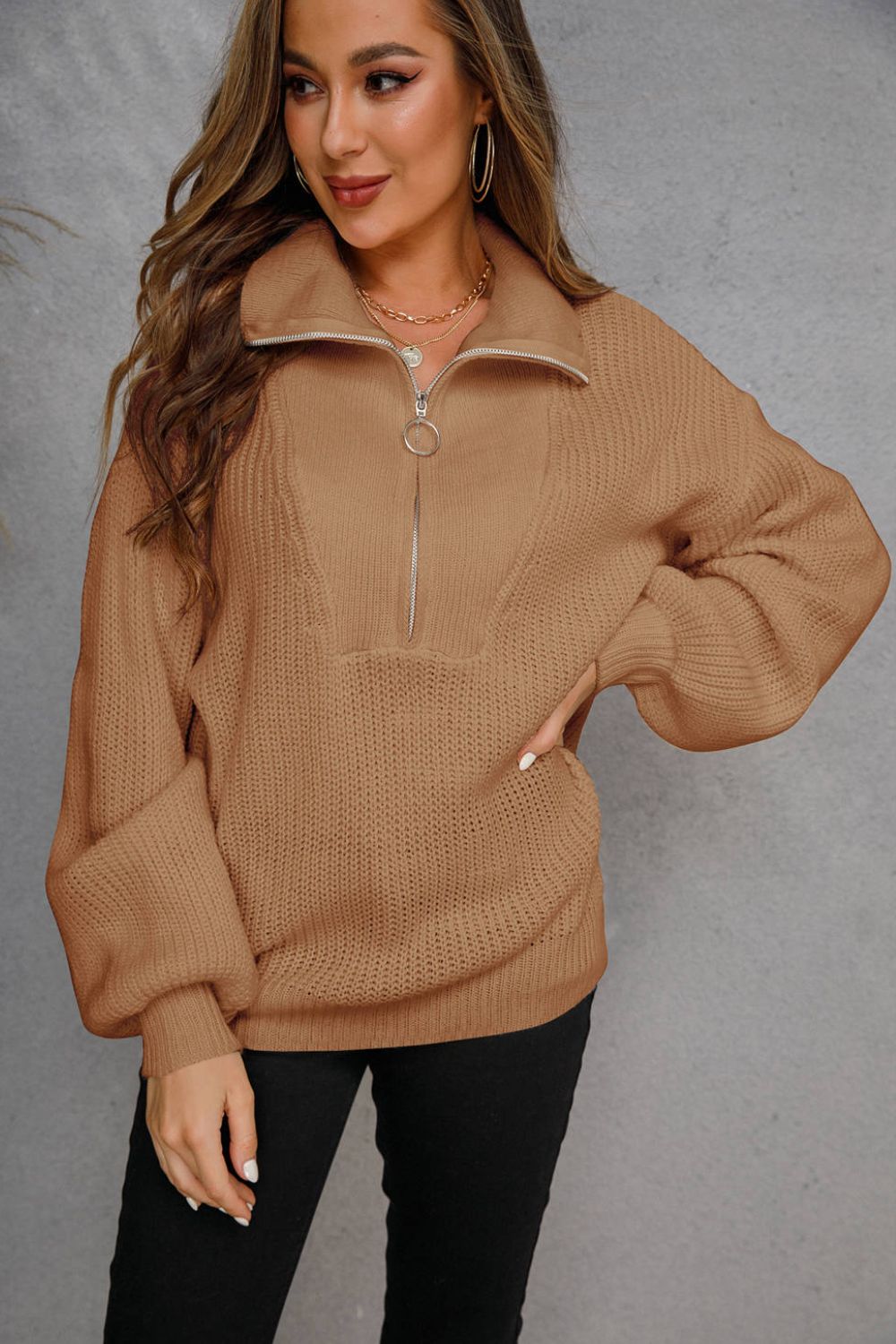 Half-Zip Lantern Sleeve Sweater