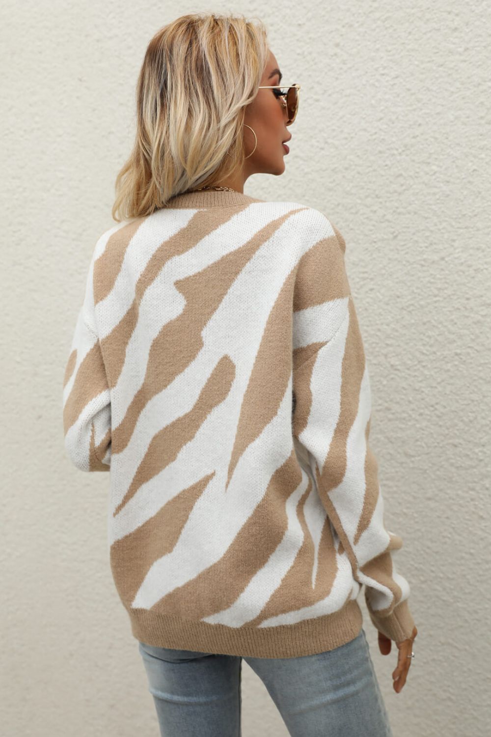 Animal Print Round Neck Dropped Shoulder Sweater