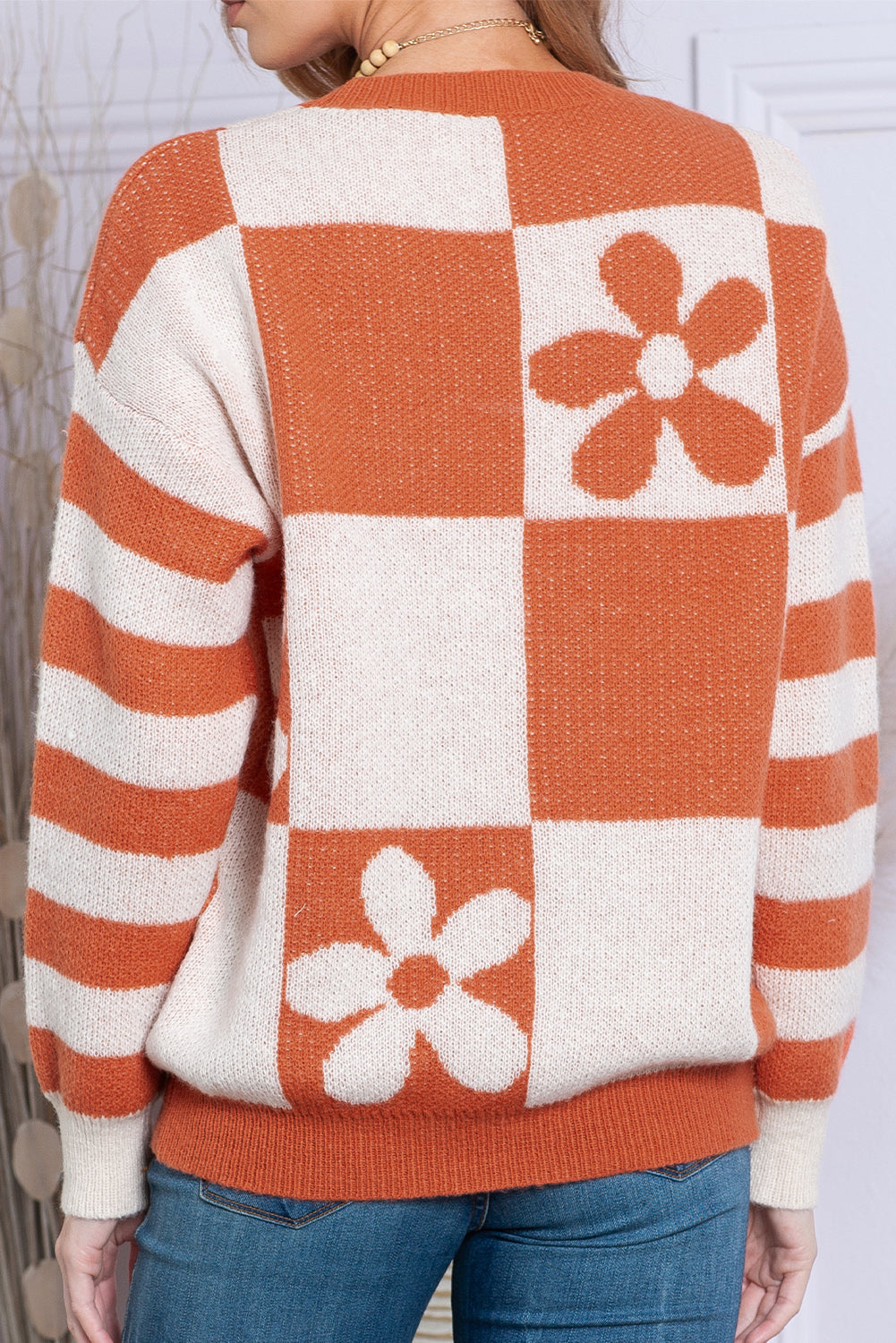 Brown Checkered Striped Knitted Pullover Sweater