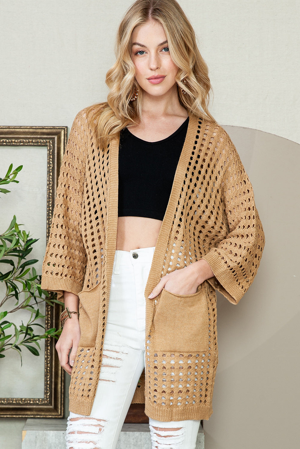 Kamelfarbener Pointelle-Strickcardigan mit offener Vorderseite und Tasche