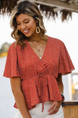 Printed Tie-Waist Flutter Sleeve Peplum Blouse
