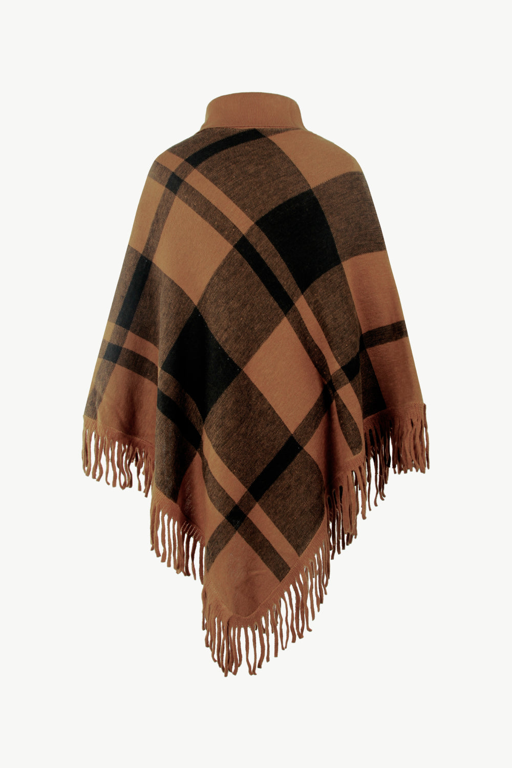 Plaid Fringe Hem Turtleneck Poncho