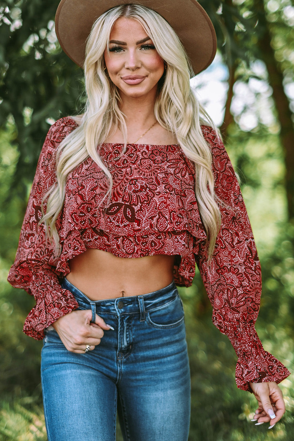 Printed Flounce Sleeve Cropped Blouse