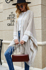 Striped Fringe Hem Longline Poncho