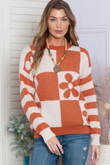 Brown Checkered Striped Knitted Pullover Sweater
