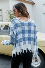 Plaid Frayed Trim V-Neck Sweater