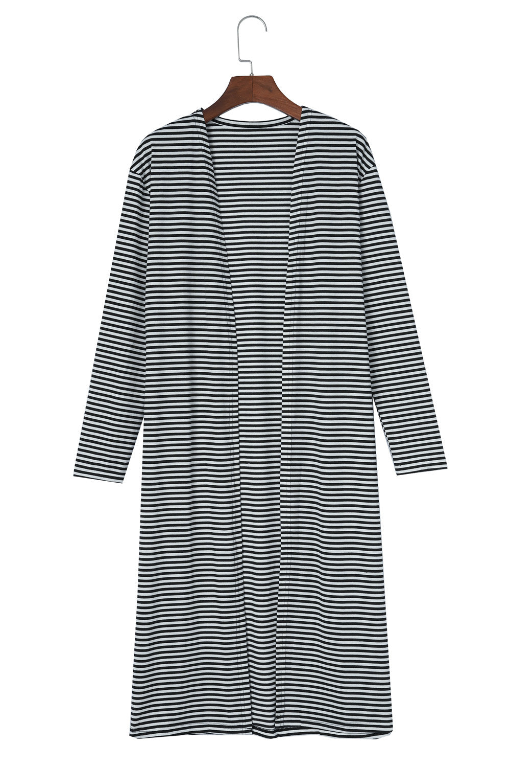 Black White Striped Print Open Front Long Cardigan
