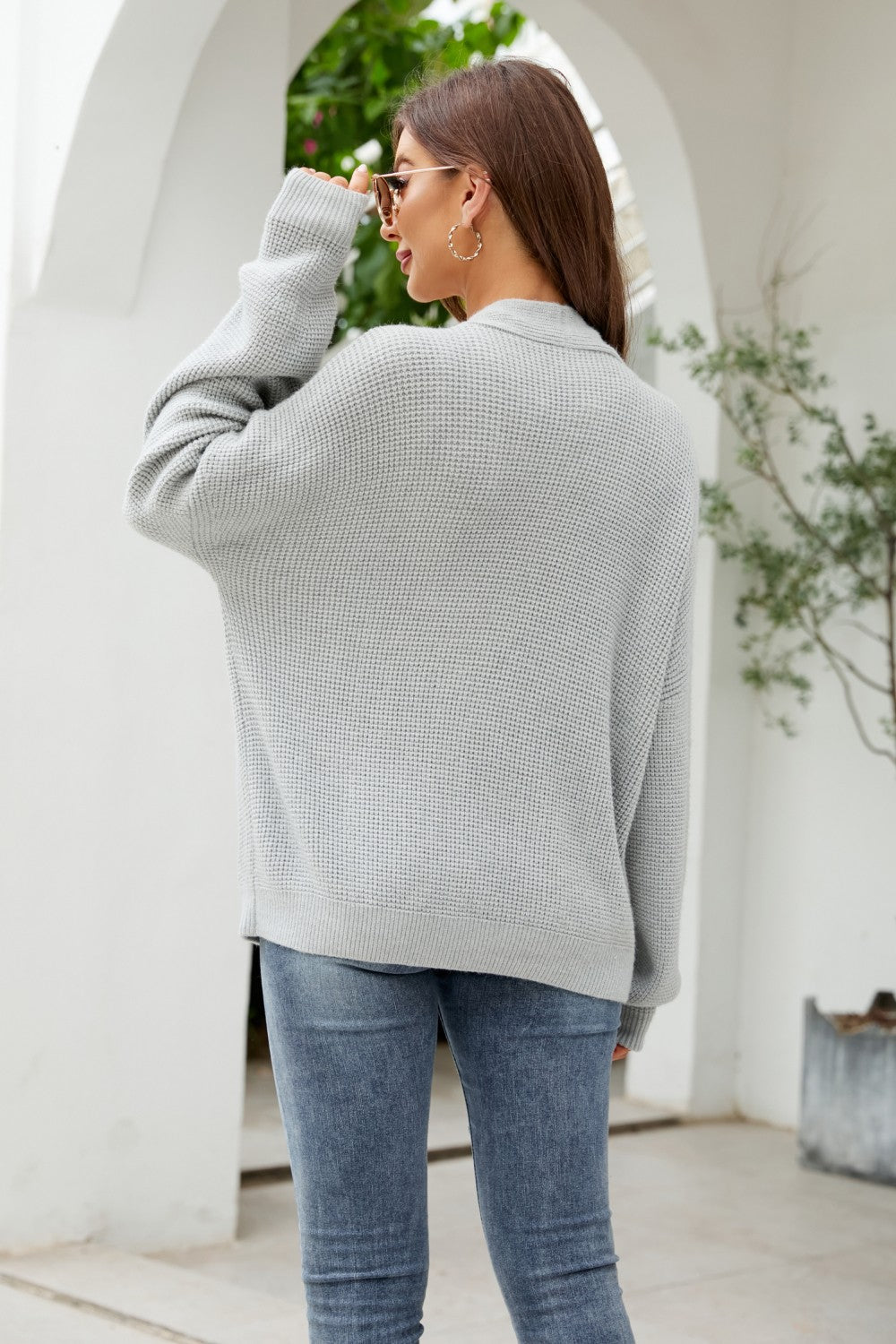 Waffle-Knit Dropped Shoulder Cardigan with Pockets