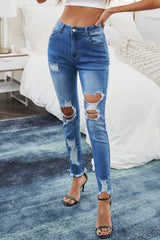 Jean skinny taille haute effet usé