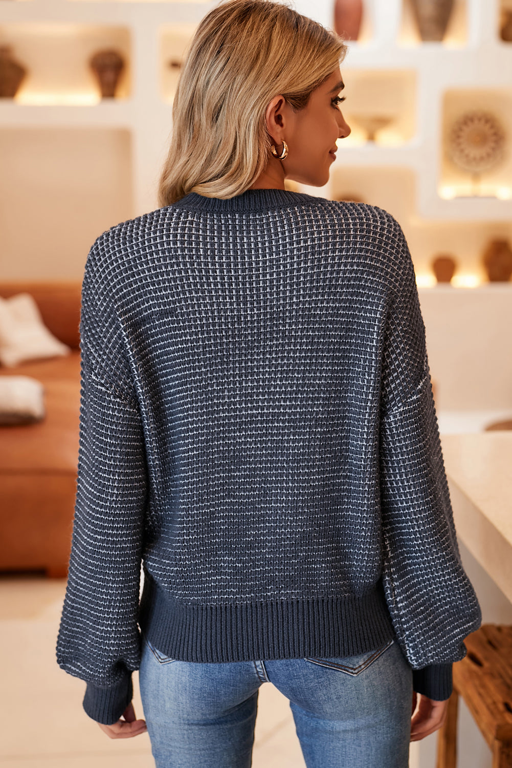 Red Heathered Knit Drop Shoulder Lantern Sleeve Sweater
