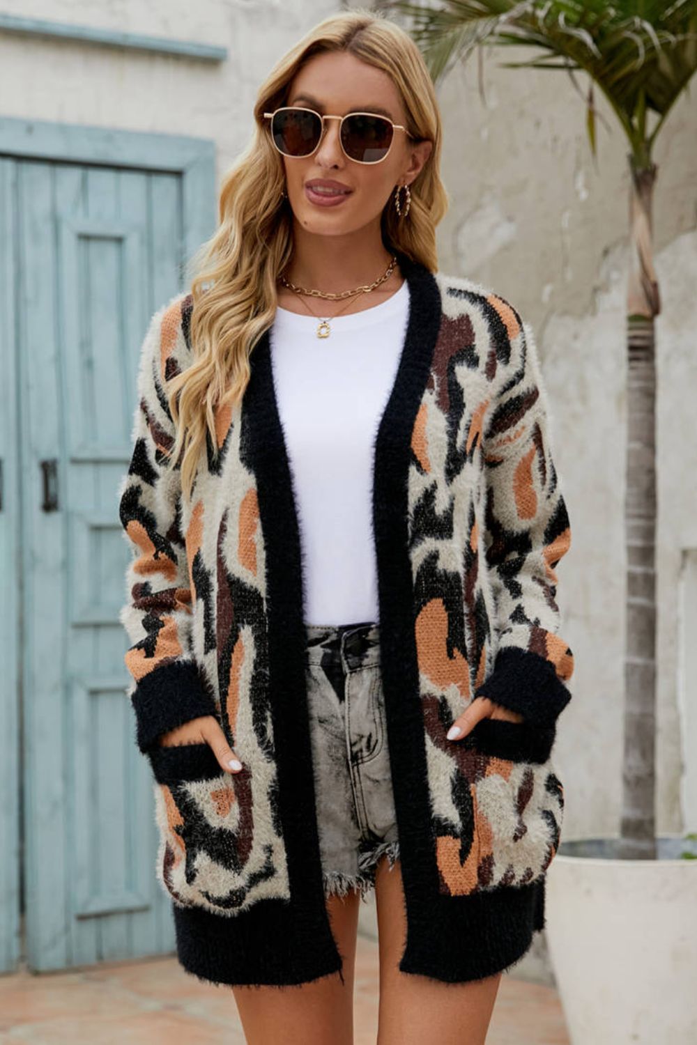 Animal Print Open Front Fuzzy Longline Cardigan