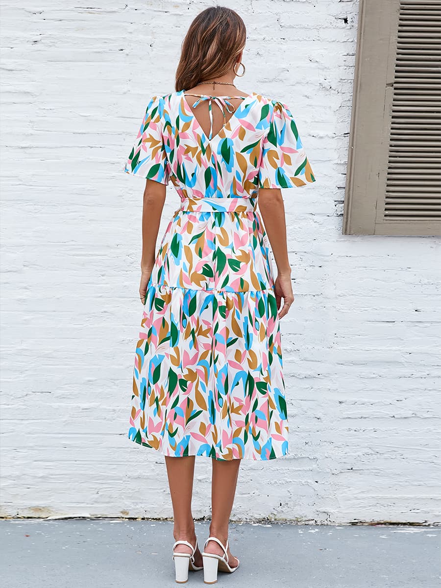 Robe imprimée à col en V et manches flottantes