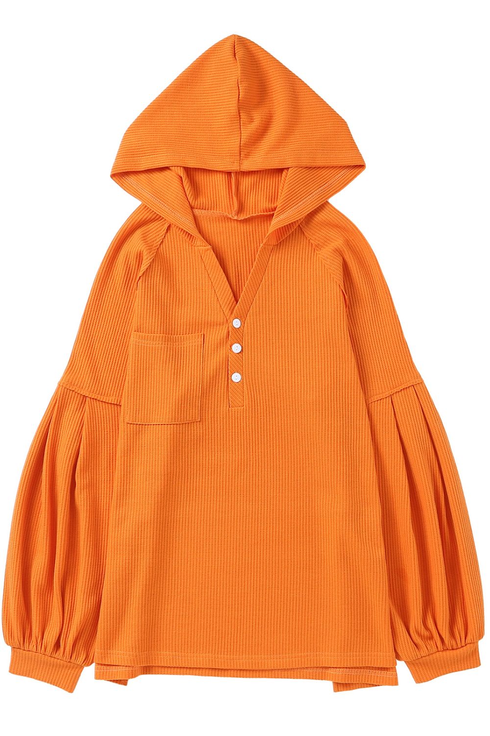 Kapuzenpullover aus Waffelstrick mit Puffärmeln, Seitenschlitzen und Knöpfen