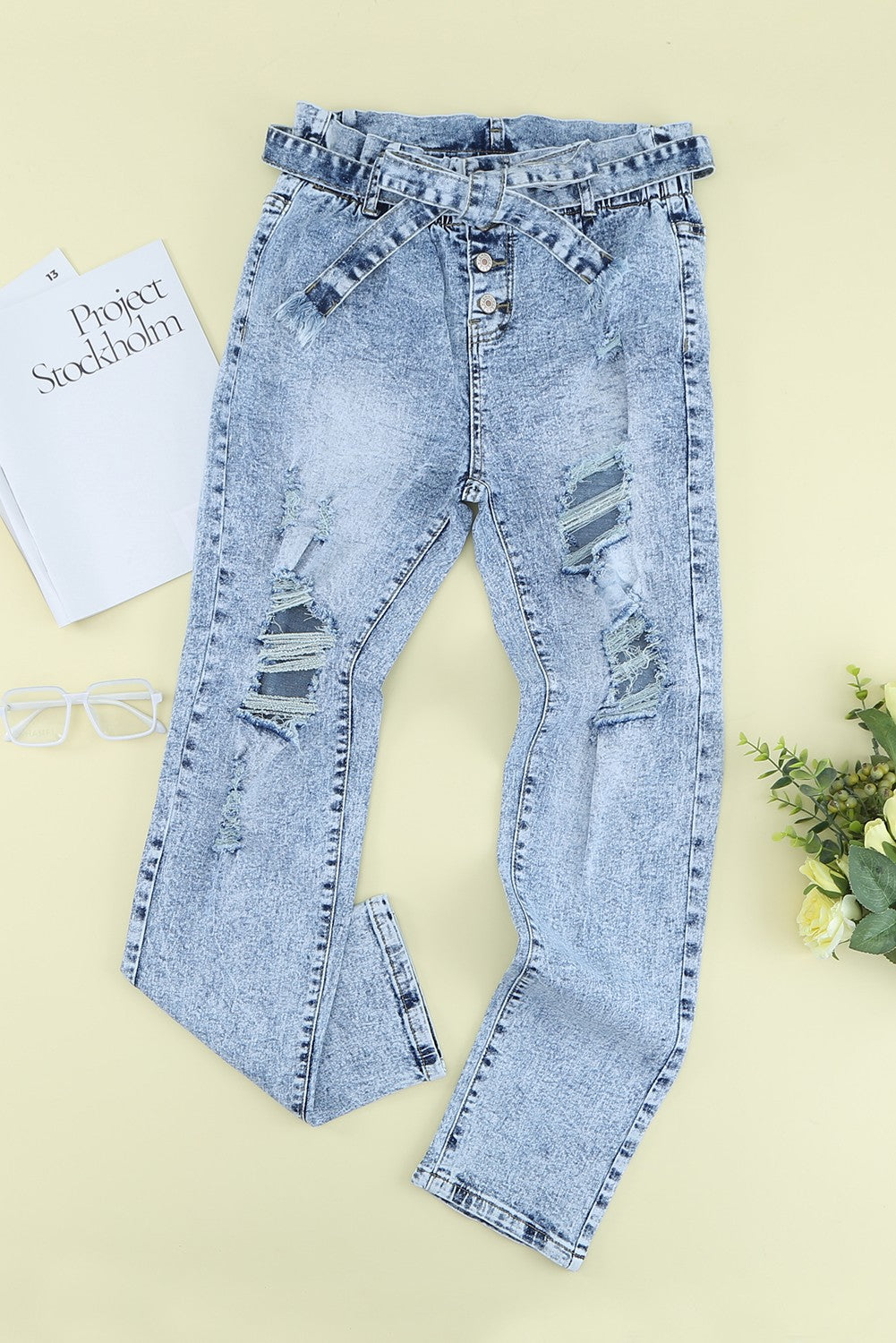 Acid Wash Belted Button Fly Distressed Jeans