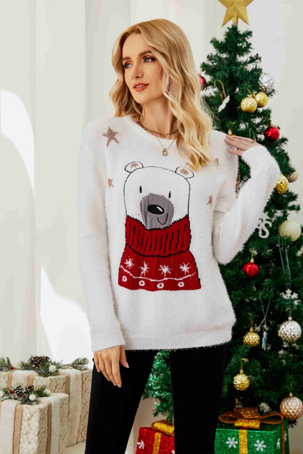 Animal Graphic Round Neck Fuzzy Sweater