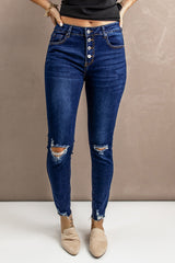 Jean skinny à braguette boutonnée effet vieilli
