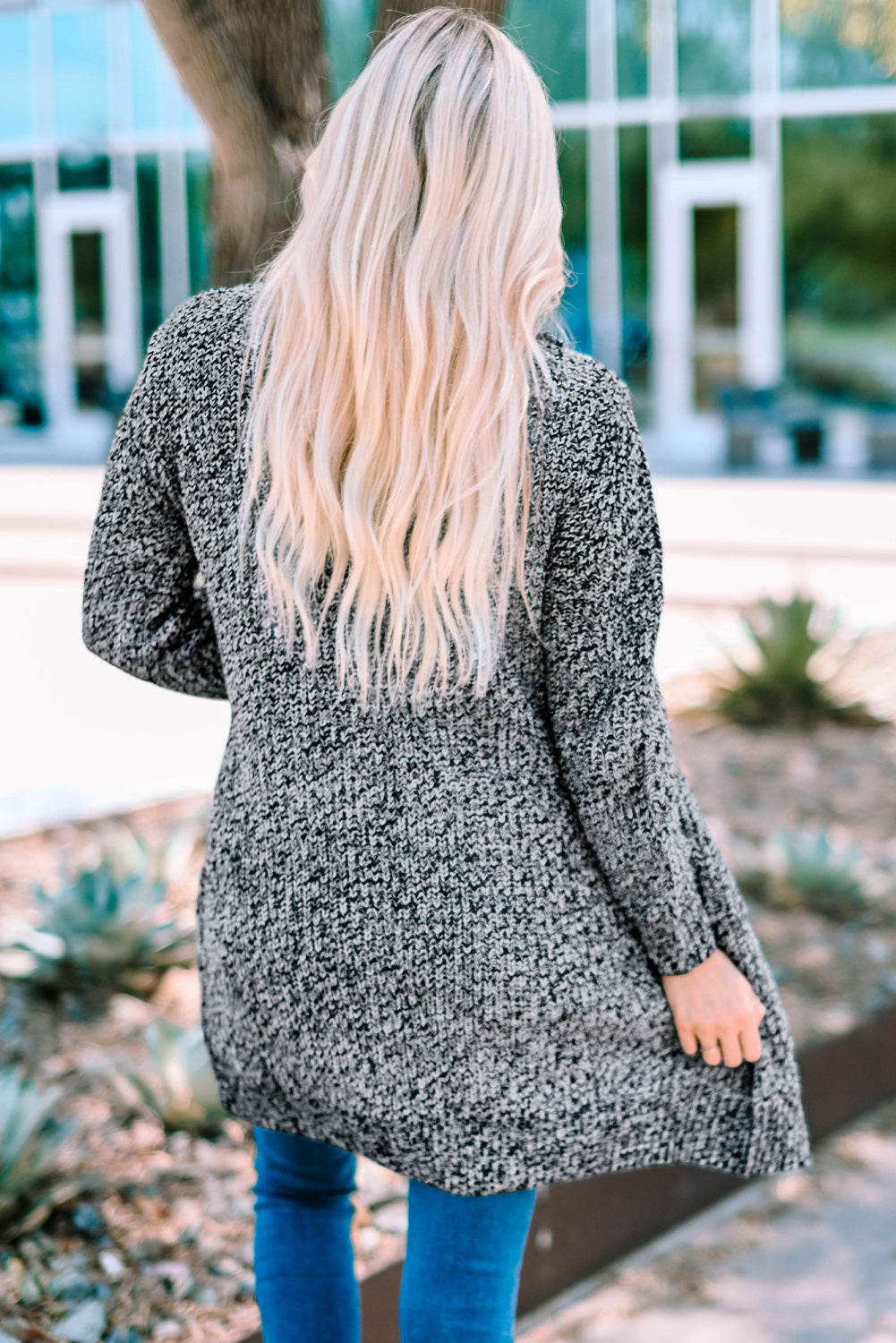 Melierter Longline-Cardigan mit offener Vorderseite und Taschen