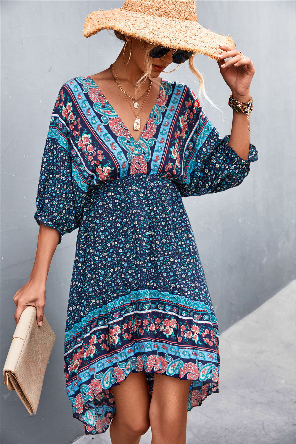 Robe bohème imprimée à col en V