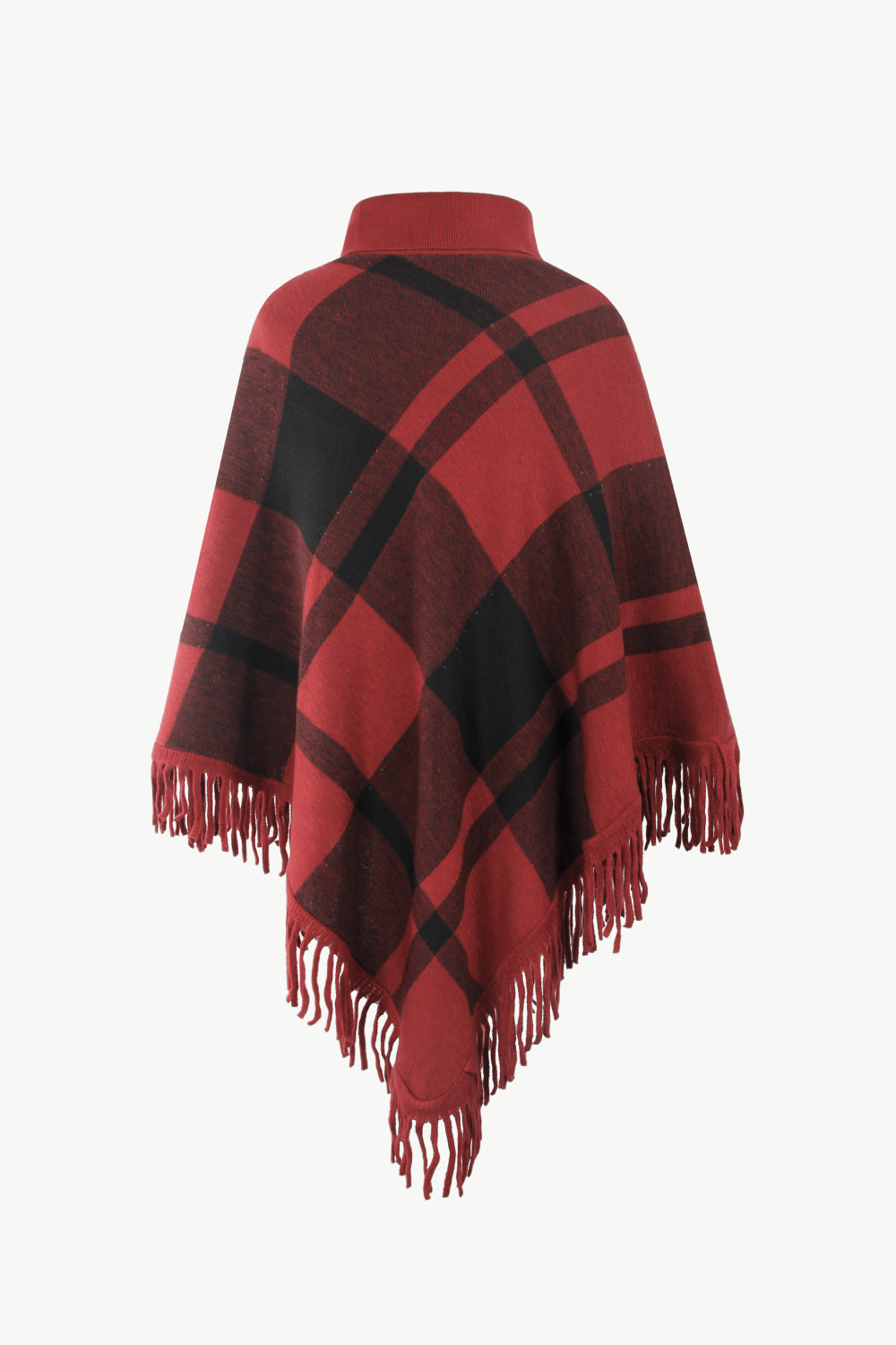 Plaid Fringe Hem Turtleneck Poncho