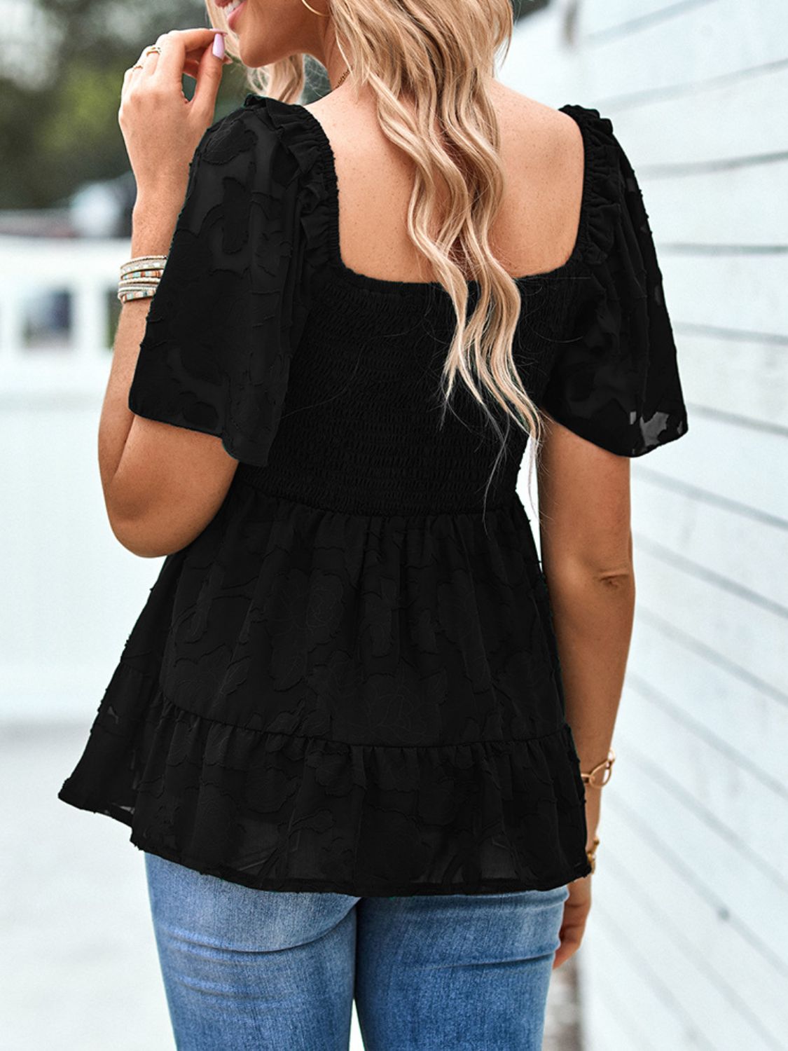 Gesmoktes Babydoll-Bluse mit quadratischem Ausschnitt
