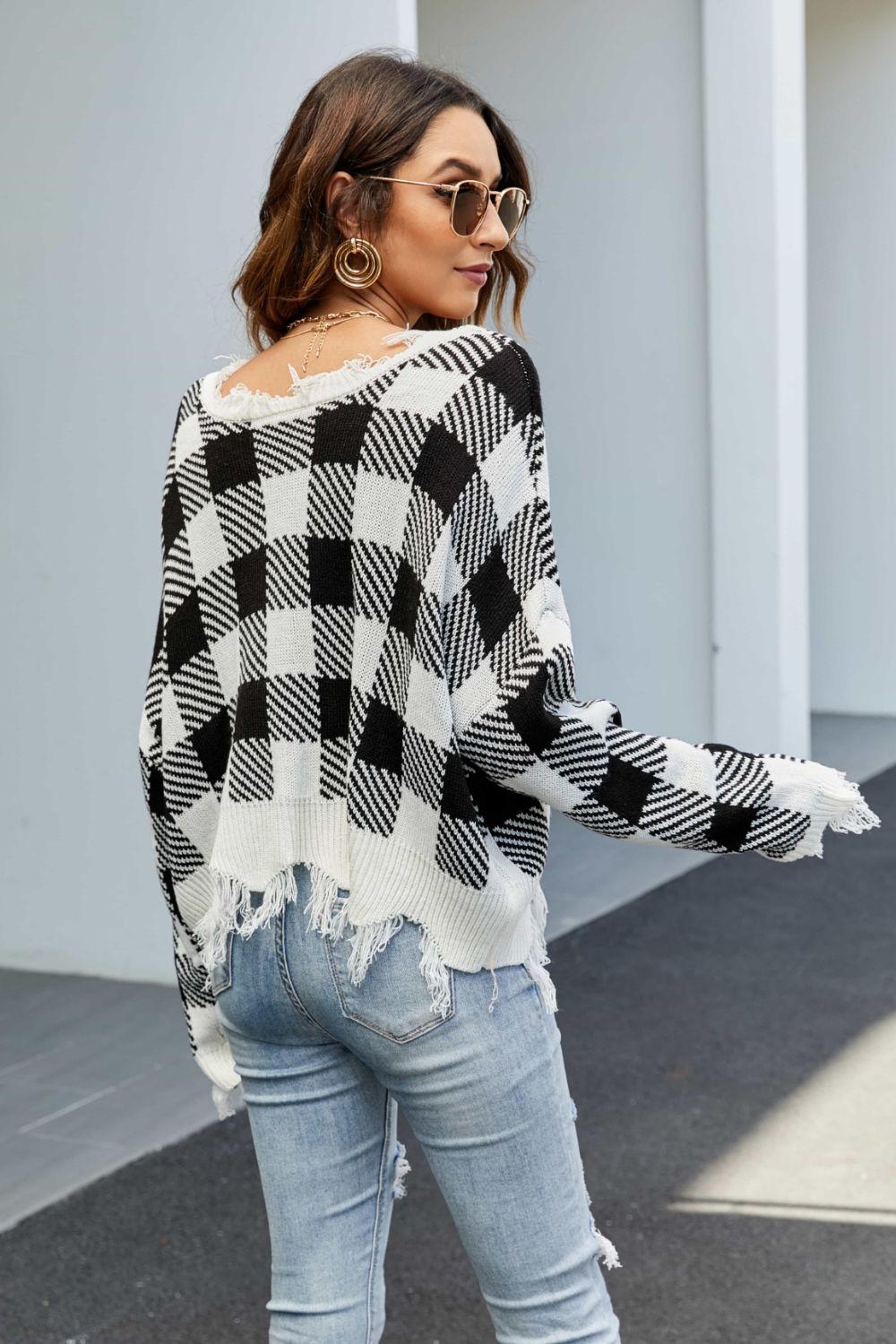 Plaid Frayed Trim V-Neck Sweater