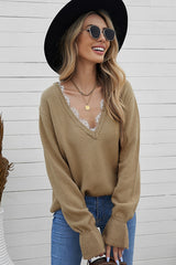 Lace Trim Flounce Sleeve V-Neck Sweater