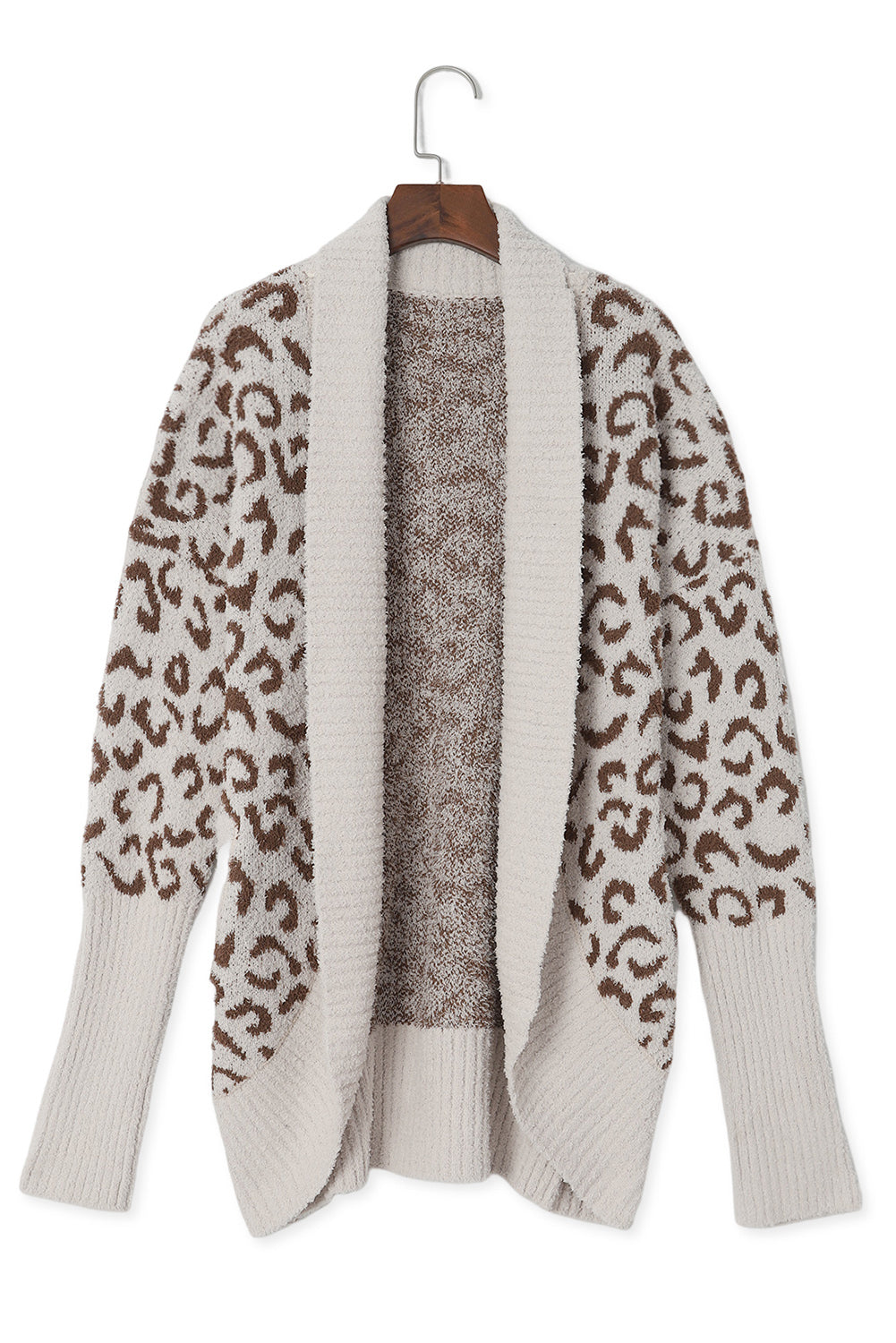 Khakifarbene Strickjacke mit flauschigem Leopardenmuster, geripptem Saum, Taschen und Reverskragen