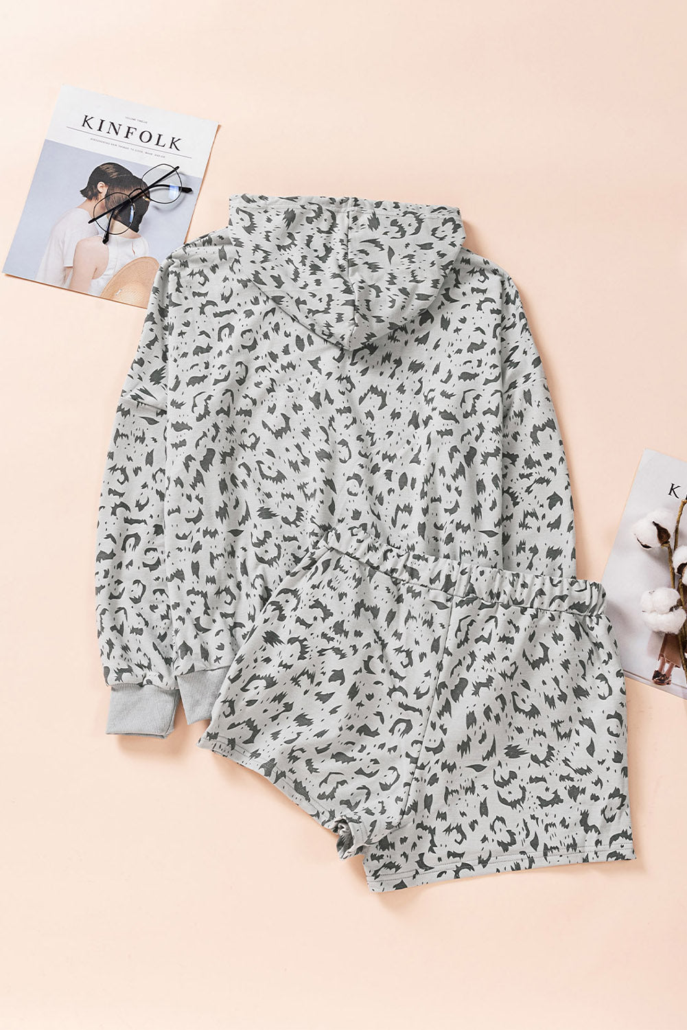 Animal Print Drawstring Detail Hoodie Shorts Lounge Set