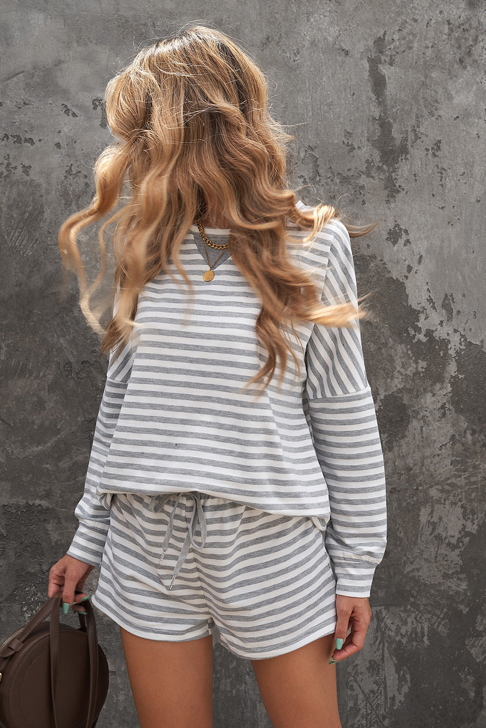 Striped Dropped Shoulder Top Shorts Lounge Set