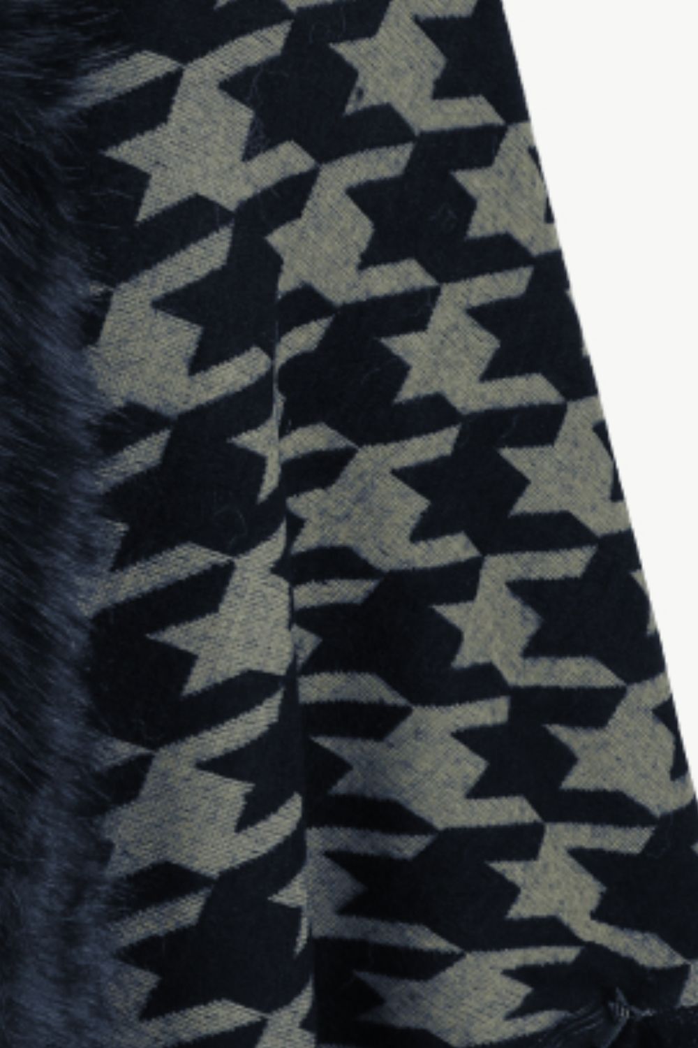 Houndstooth Faux Fur Trim Fringe Hem Poncho