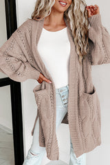 Apricot Ribbed Trim Hollow Knit Side Slits Cardigan