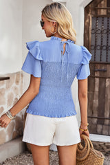 Smocked Tie Back Flutter Sleeve Blouse