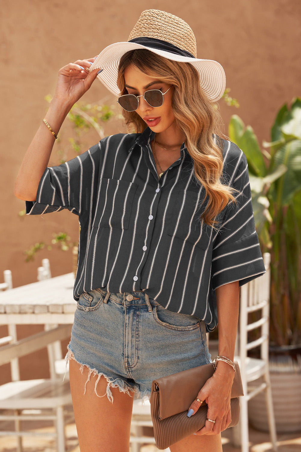 Chemise rayée à manches mi-longues et col