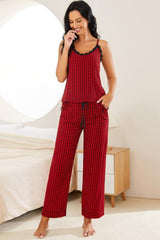 Plaid Lace Trim Cami Drawstring Pants Pajama Set