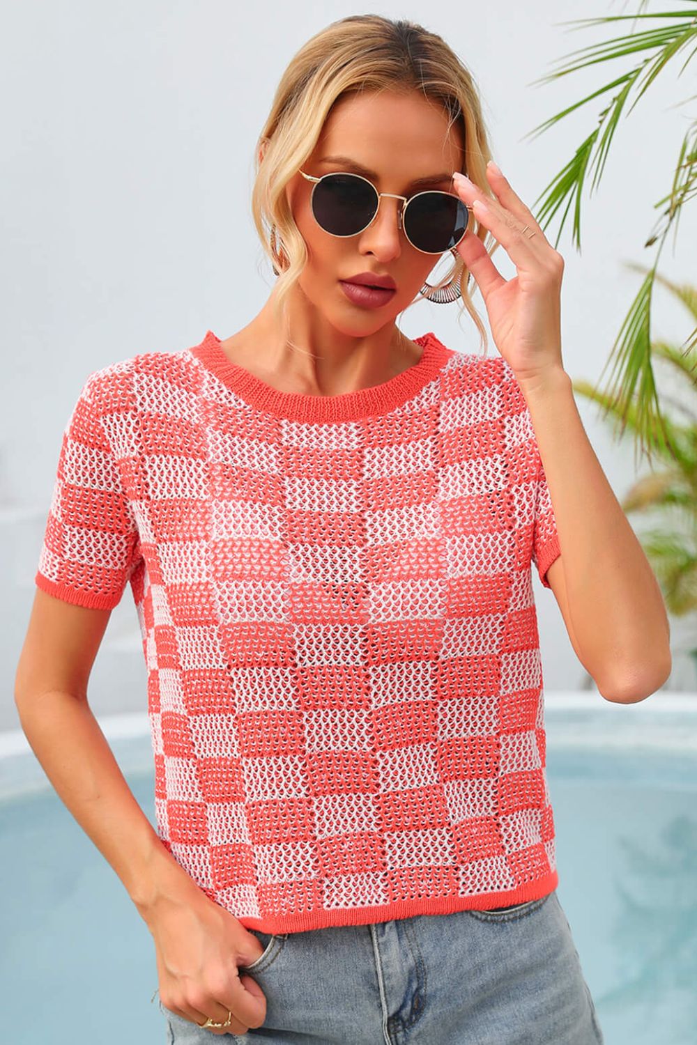 Kariertes Kurzarm-Stricktop