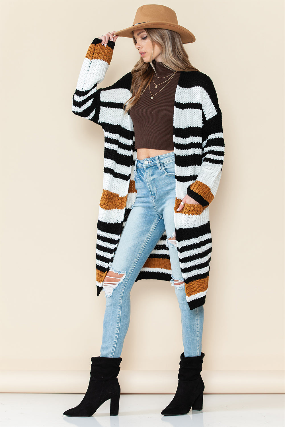 Striped Drop Shoulder Open Front Long Cardigan