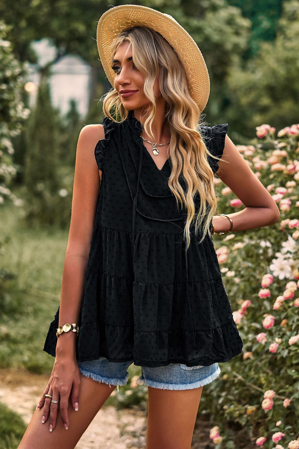 Swiss Dot Ruffle Shoulder Tiered Top