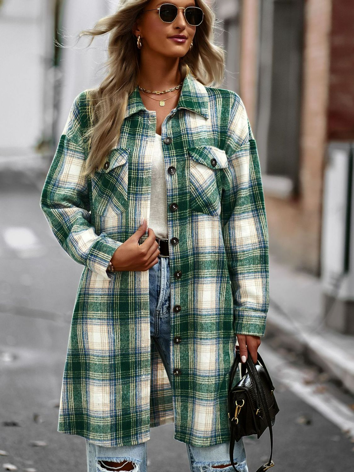 Karierte, lange Jacke mit Knöpfen und Taschen