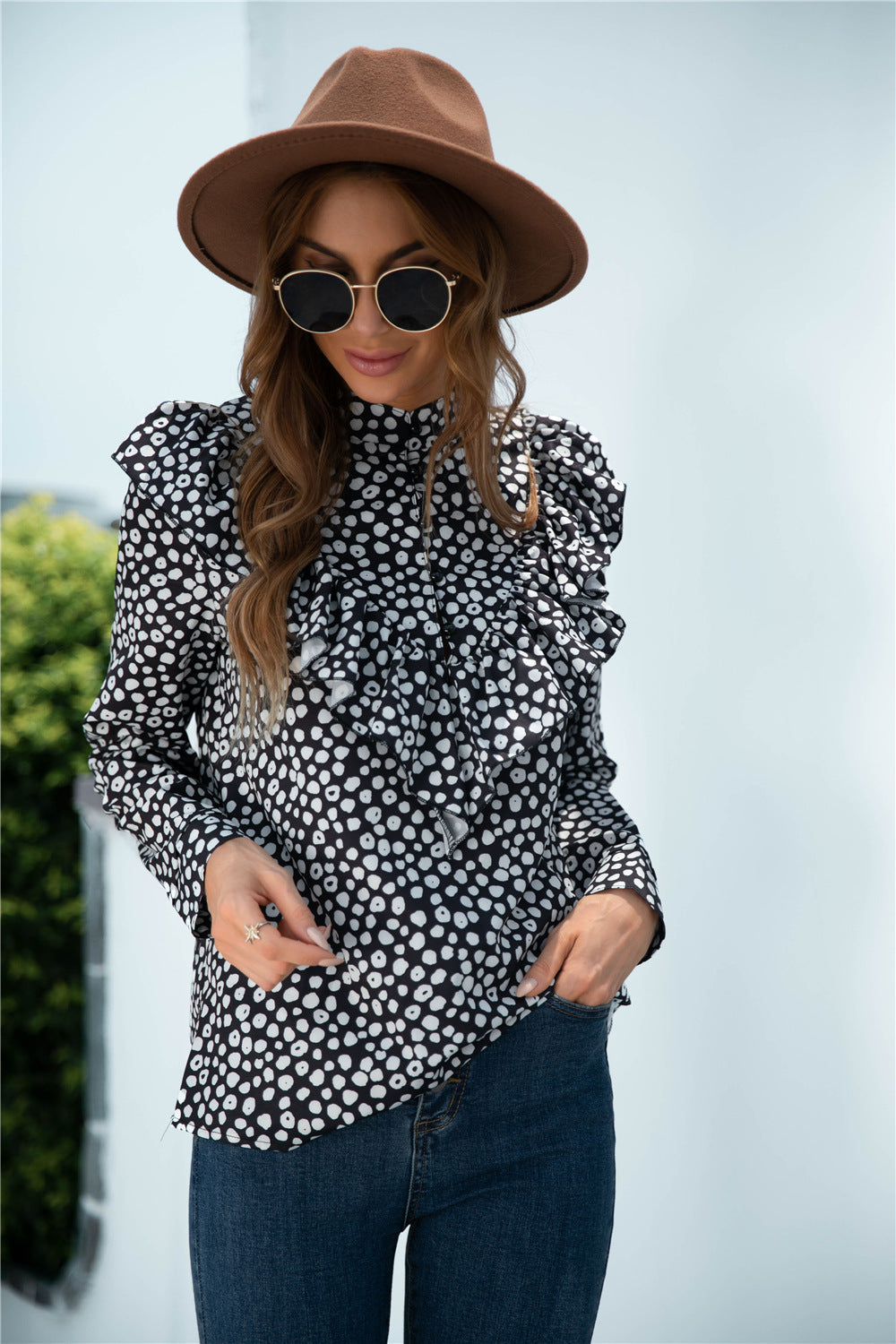 Animal Print Buttoned Ruffled Long Sleeve Blouse