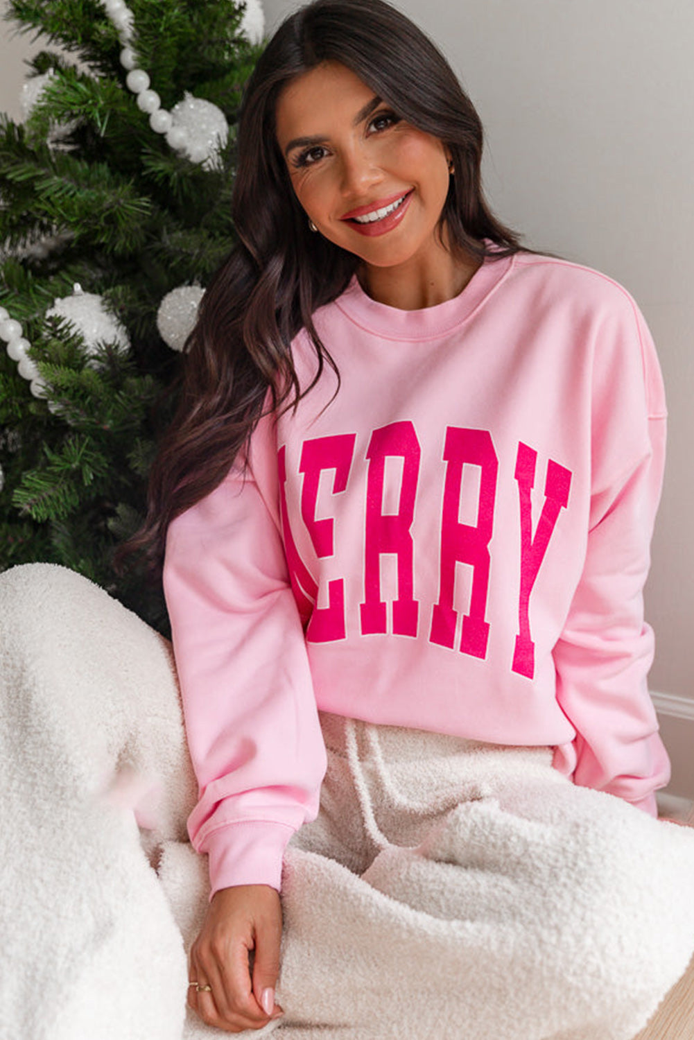 Sweat-shirt de Noël ample rose à imprimé alphabet MERRY